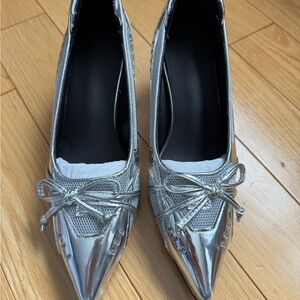 Chic Silver Women's Heels with Bow Detail